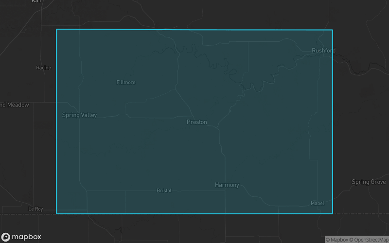 Map of Fillmore County, Minnesota showing the county boundary and surrounding cities