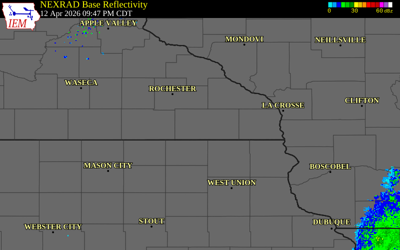 NEXRAD radar during the Sunday, April 12, 2026 storm activity in Fillmore County, Minnesota