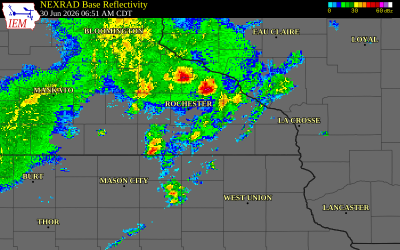 NEXRAD radar during the Tuesday, June 30, 2026 storm activity in Fillmore County, Minnesota