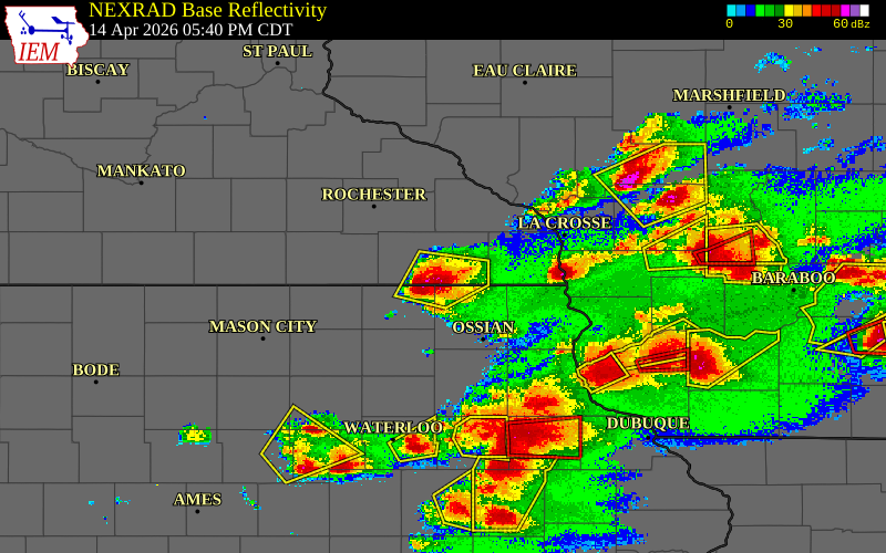 Radar snapshot during the Apr 14, 2026 hail event near 1 WNW Harmony, Fillmore County, Minnesota, with NWS warning polygons