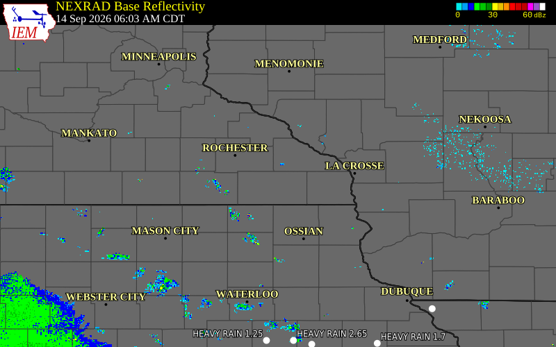 Current NEXRAD radar over Fillmore County, Minnesota with recent storm report locations