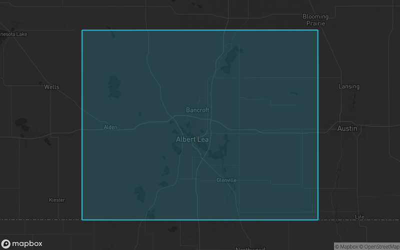 Map of Freeborn County, Minnesota showing the county boundary and surrounding cities