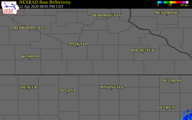 NEXRAD radar during the Sunday, April 12, 2026 storm activity in Freeborn County, Minnesota
