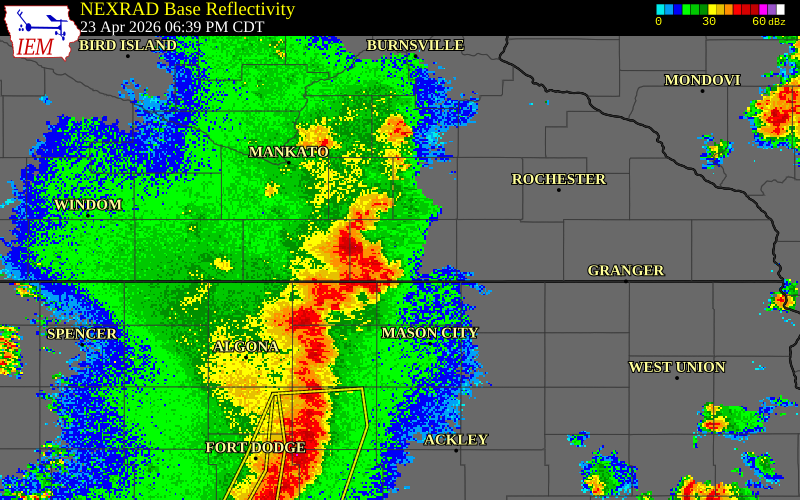 NEXRAD radar during the Thursday, April 23, 2026 storm activity in Freeborn County, Minnesota