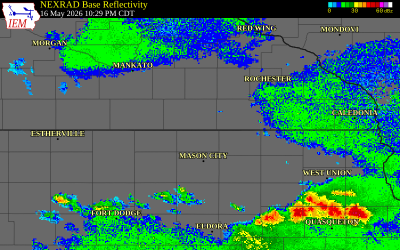NEXRAD radar during the Saturday, May 16, 2026 storm activity in Freeborn County, Minnesota