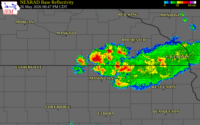 NEXRAD radar during the Tuesday, May 26, 2026 storm activity in Freeborn County, Minnesota