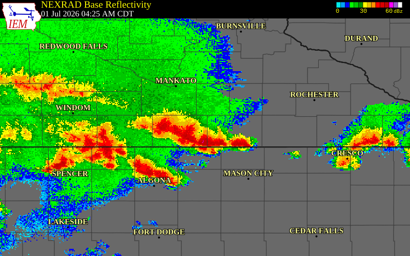 NEXRAD radar during the Wednesday, July 1, 2026 storm activity in Freeborn County, Minnesota