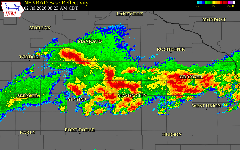 NEXRAD radar during the Thursday, July 2, 2026 storm activity in Freeborn County, Minnesota