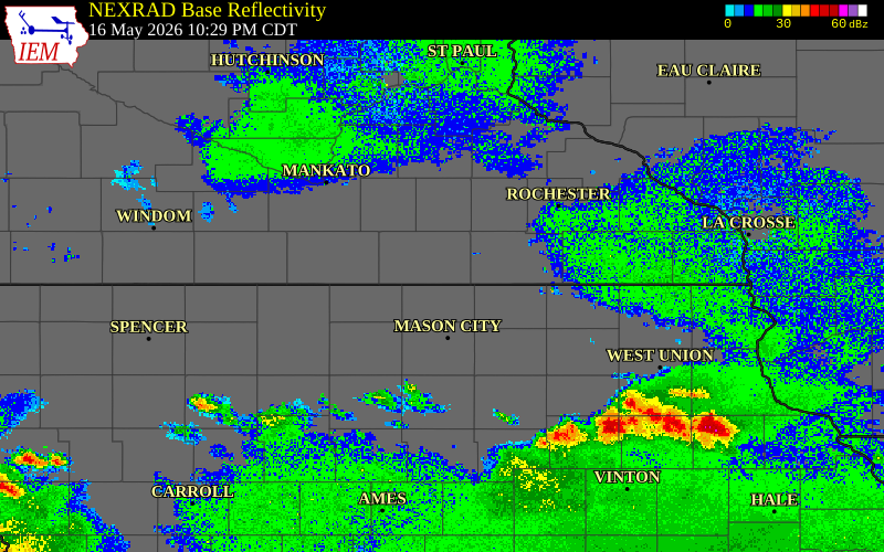 Radar snapshot during the May 16, 2026 tornado event near 2 ESE Glenville, Freeborn County, Minnesota, with NWS warning polygons