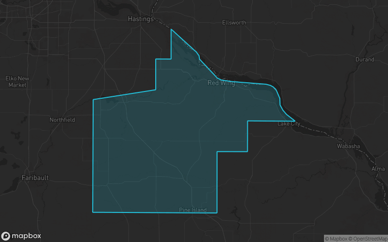 Map of Goodhue County, Minnesota showing the county boundary and surrounding cities