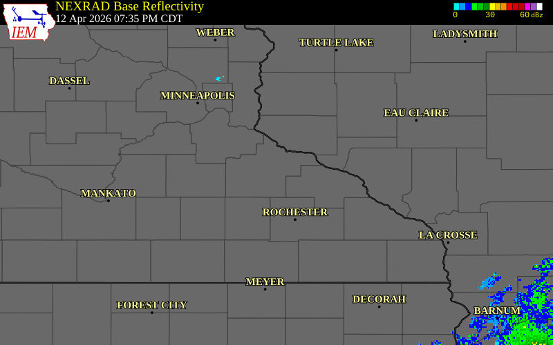 NEXRAD radar during the Sunday, April 12, 2026 storm activity in Goodhue County, Minnesota