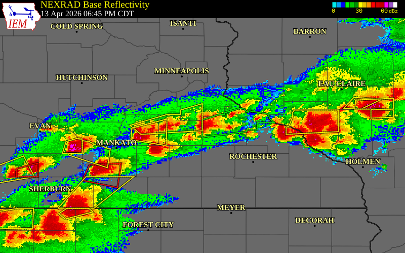 NEXRAD radar during the Monday, April 13, 2026 storm activity in Goodhue County, Minnesota