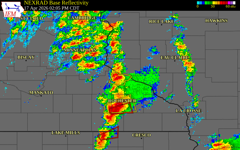 NEXRAD radar during the Friday, April 17, 2026 storm activity in Goodhue County, Minnesota