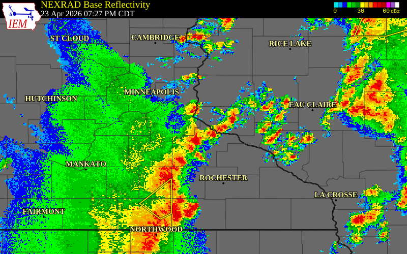 NEXRAD radar during the Thursday, April 23, 2026 storm activity in Goodhue County, Minnesota