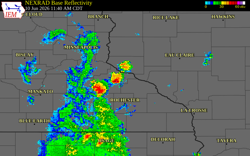 NEXRAD radar during the Wednesday, June 10, 2026 storm activity in Goodhue County, Minnesota
