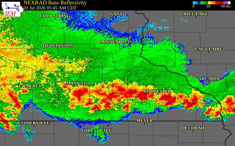 NEXRAD radar during the Wednesday, July 1, 2026 storm activity in Goodhue County, Minnesota