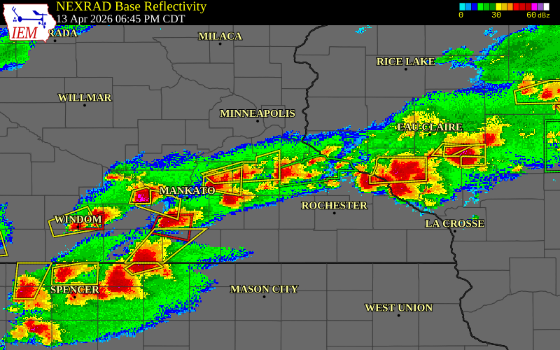 Radar snapshot during the Apr 13, 2026 hail event near Dennison, Goodhue County, Minnesota, with NWS warning polygons