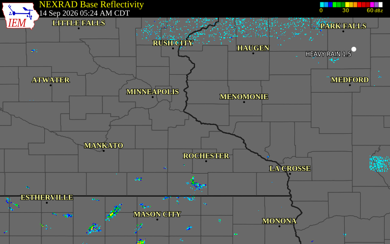 Current NEXRAD radar over Goodhue County, Minnesota with recent storm report locations