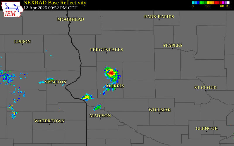 NEXRAD radar during the Sunday, April 12, 2026 storm activity in Grant County, Minnesota