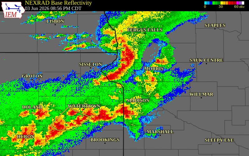 NEXRAD radar during the Wednesday, June 3, 2026 storm activity in Grant County, Minnesota
