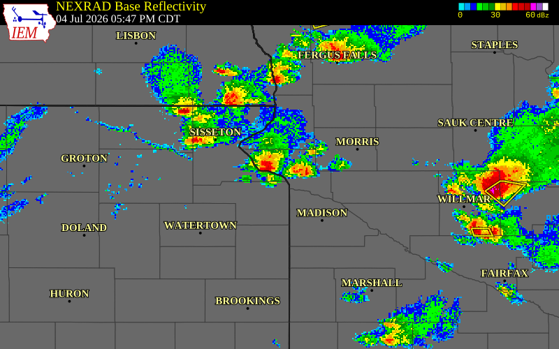 NEXRAD radar during the Saturday, July 4, 2026 storm activity in Grant County, Minnesota