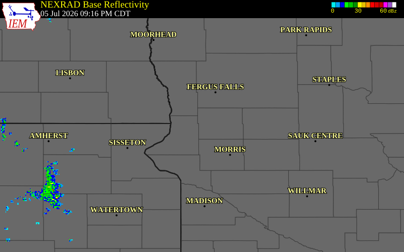 NEXRAD radar during the Sunday, July 5, 2026 storm activity in Grant County, Minnesota