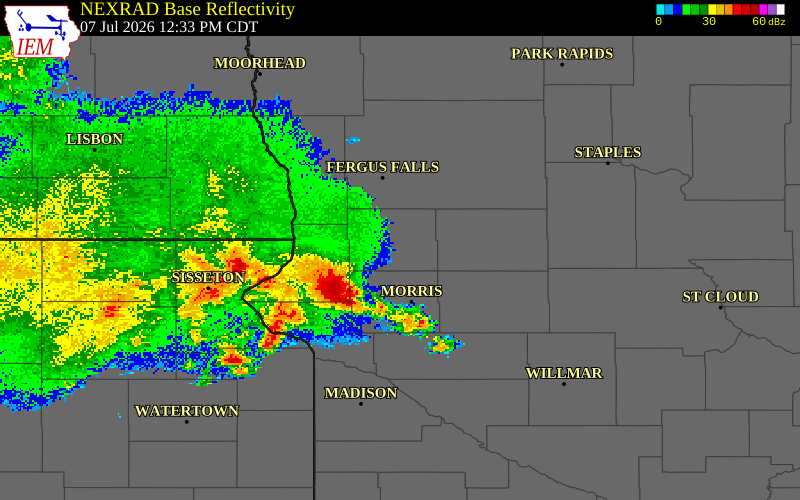 NEXRAD radar during the Tuesday, July 7, 2026 storm activity in Grant County, Minnesota
