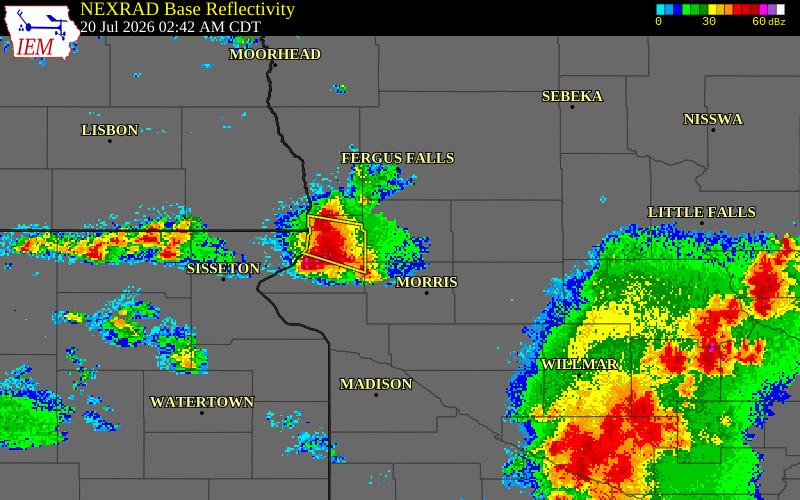 NEXRAD radar during the Monday, July 20, 2026 storm activity in Grant County, Minnesota