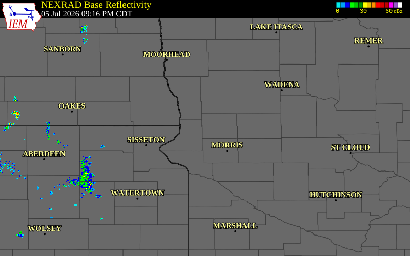 Radar snapshot during the Jul 5, 2026 tornado event near 3 NNW Norcross, Grant County, Minnesota, with NWS warning polygons
