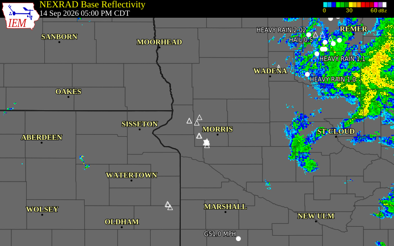 Current NEXRAD radar over Grant County, Minnesota with recent storm report locations