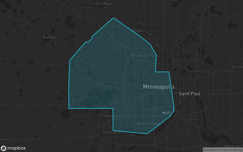 Map of Hennepin County, Minnesota showing the county boundary and surrounding cities