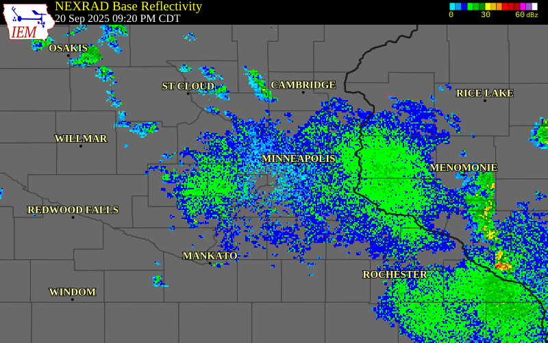 NEXRAD radar during the Saturday, September 20, 2025 storm activity in Hennepin County, Minnesota