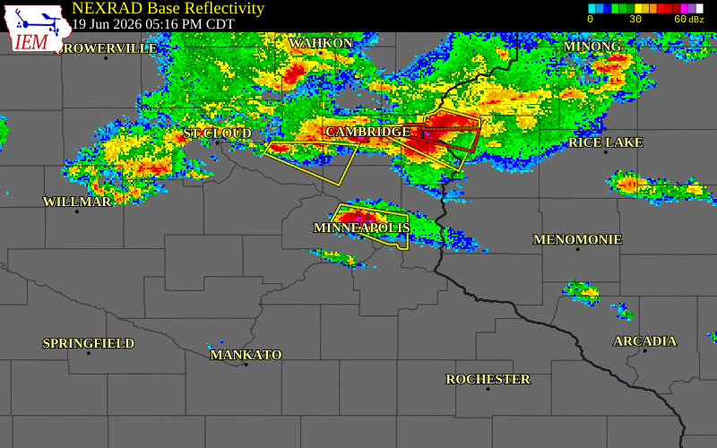 NEXRAD radar during the Friday, June 19, 2026 storm activity in Hennepin County, Minnesota
