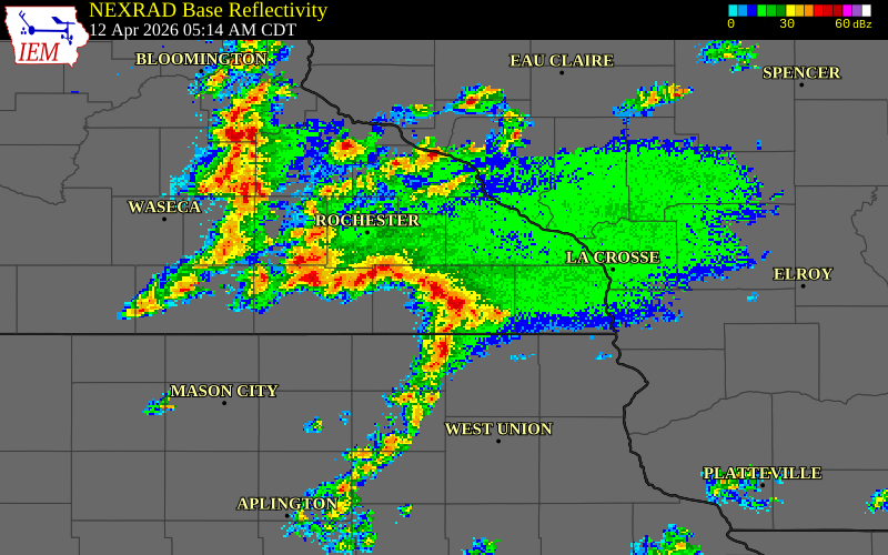 NEXRAD radar during the Sunday, April 12, 2026 storm activity in Houston County, Minnesota