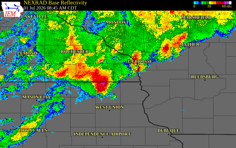 NEXRAD radar during the Wednesday, July 1, 2026 storm activity in Houston County, Minnesota