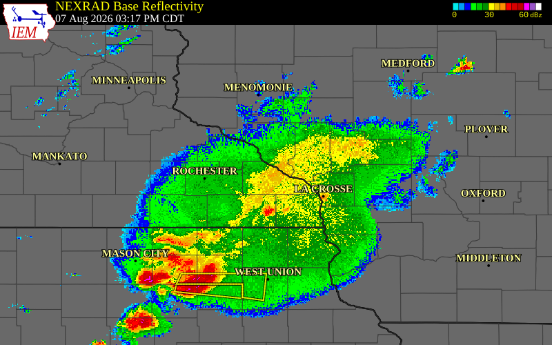 Radar snapshot during the Aug 7, 2026 wind event near Houston County, Houston County, Minnesota, with NWS warning polygons