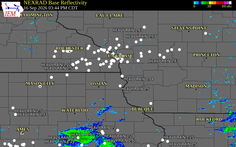 Current NEXRAD radar over Houston County, Minnesota with recent storm report locations