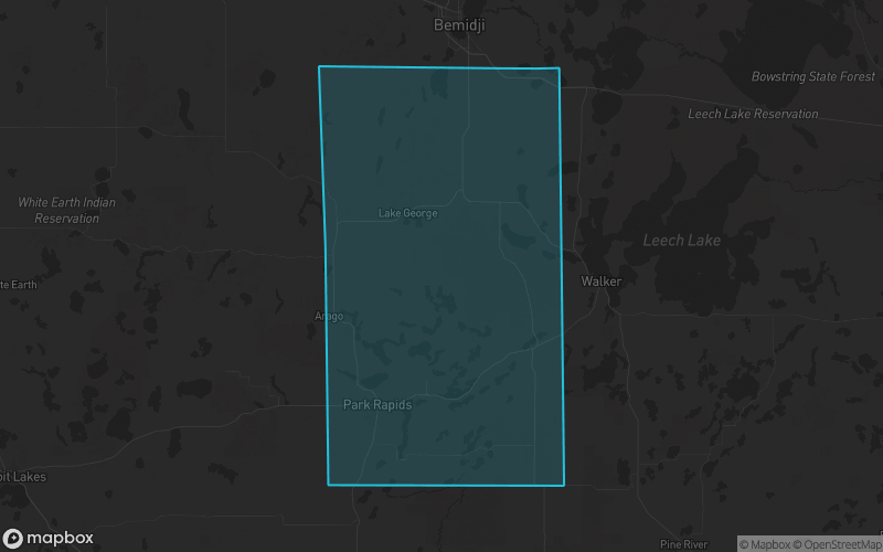 Map of Hubbard County, Minnesota showing the county boundary and surrounding cities