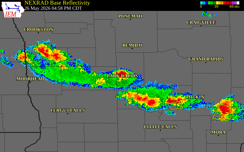 NEXRAD radar during the Tuesday, May 26, 2026 storm activity in Hubbard County, Minnesota