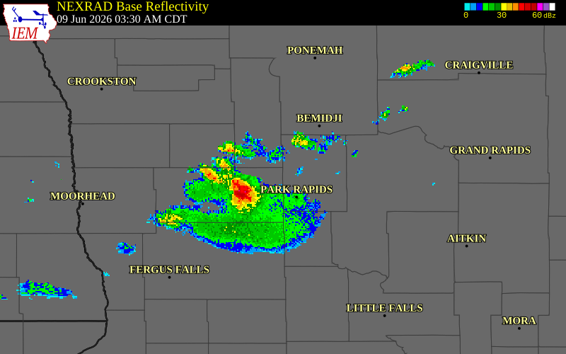 NEXRAD radar during the Tuesday, June 9, 2026 storm activity in Hubbard County, Minnesota