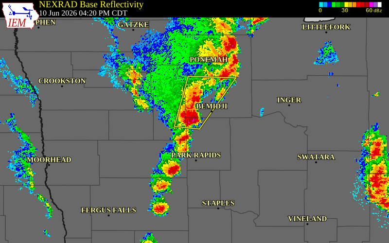 NEXRAD radar during the Wednesday, June 10, 2026 storm activity in Hubbard County, Minnesota