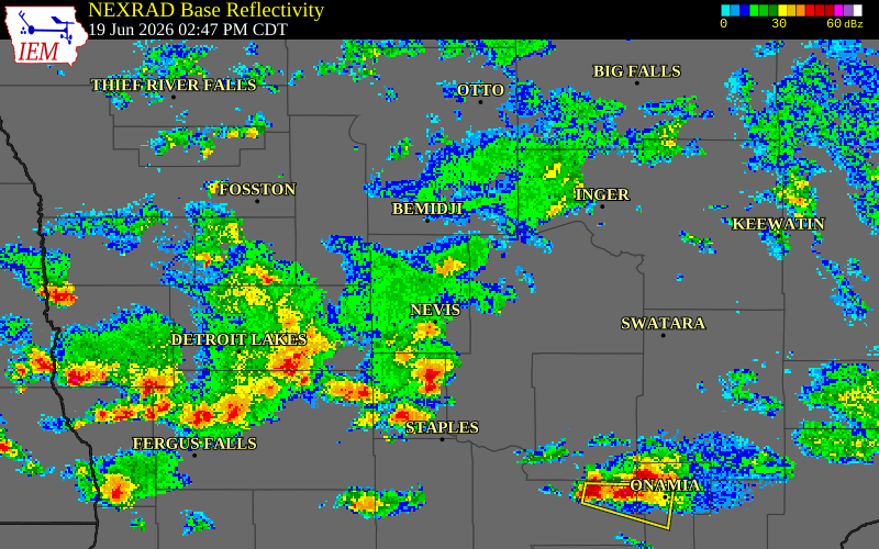NEXRAD radar during the Friday, June 19, 2026 storm activity in Hubbard County, Minnesota