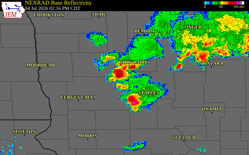 NEXRAD radar during the Saturday, July 4, 2026 storm activity in Hubbard County, Minnesota