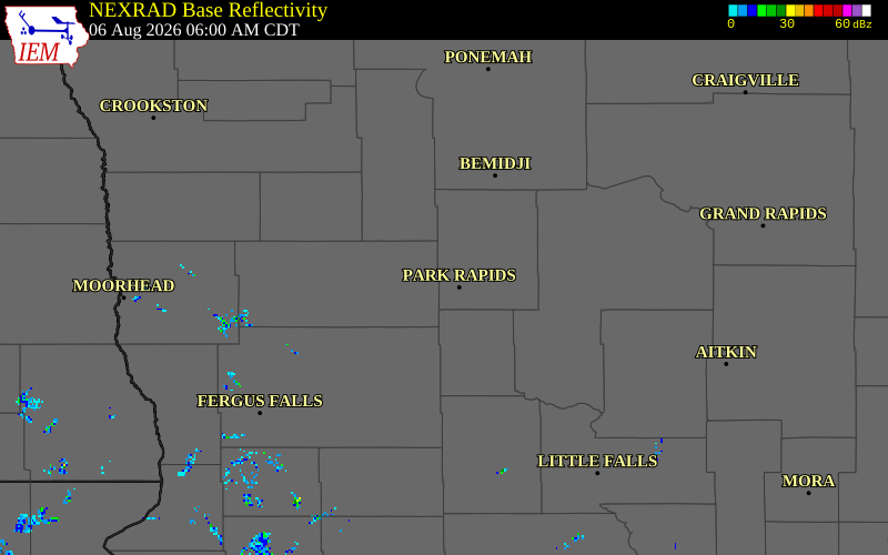 NEXRAD radar during the Thursday, August 6, 2026 storm activity in Hubbard County, Minnesota