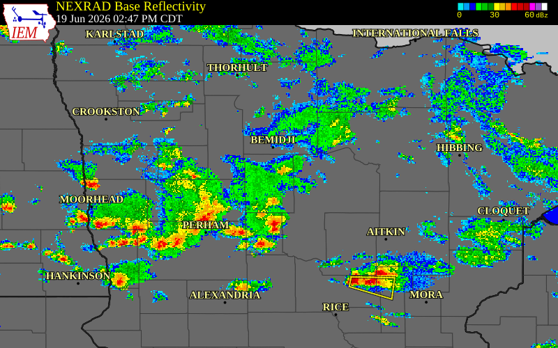 Radar snapshot during the Jun 19, 2026 tornado event near 3 W Laporte, Hubbard County, Minnesota, with NWS warning polygons