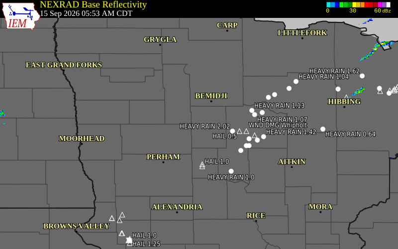 Current NEXRAD radar over Hubbard County, Minnesota with recent storm report locations