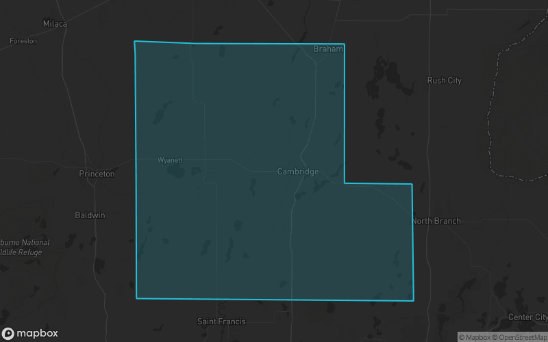 Map of Isanti County, Minnesota showing the county boundary and surrounding cities