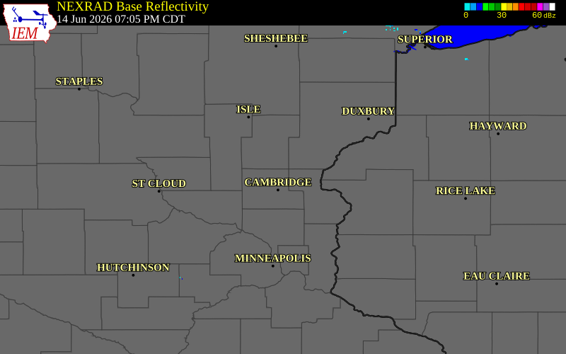 NEXRAD radar during the Sunday, June 14, 2026 storm activity in Isanti County, Minnesota
