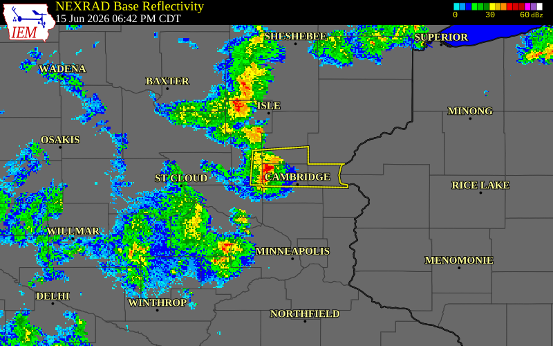 NEXRAD radar during the Monday, June 15, 2026 storm activity in Isanti County, Minnesota