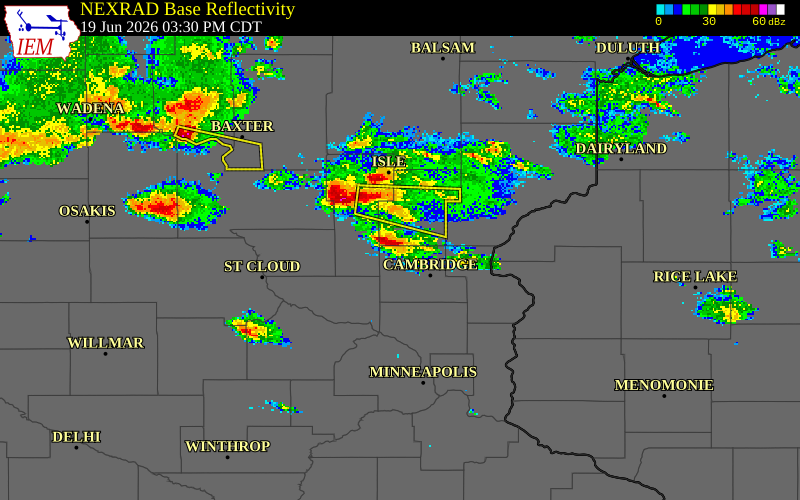 NEXRAD radar during the Friday, June 19, 2026 storm activity in Isanti County, Minnesota
